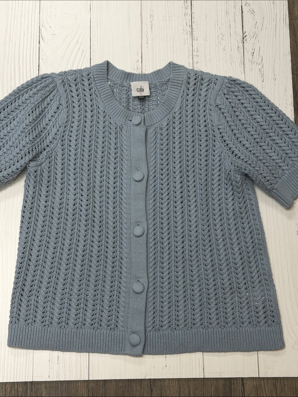 CAbi Powder Blue Short-Sleeve Button Knit Cardigan